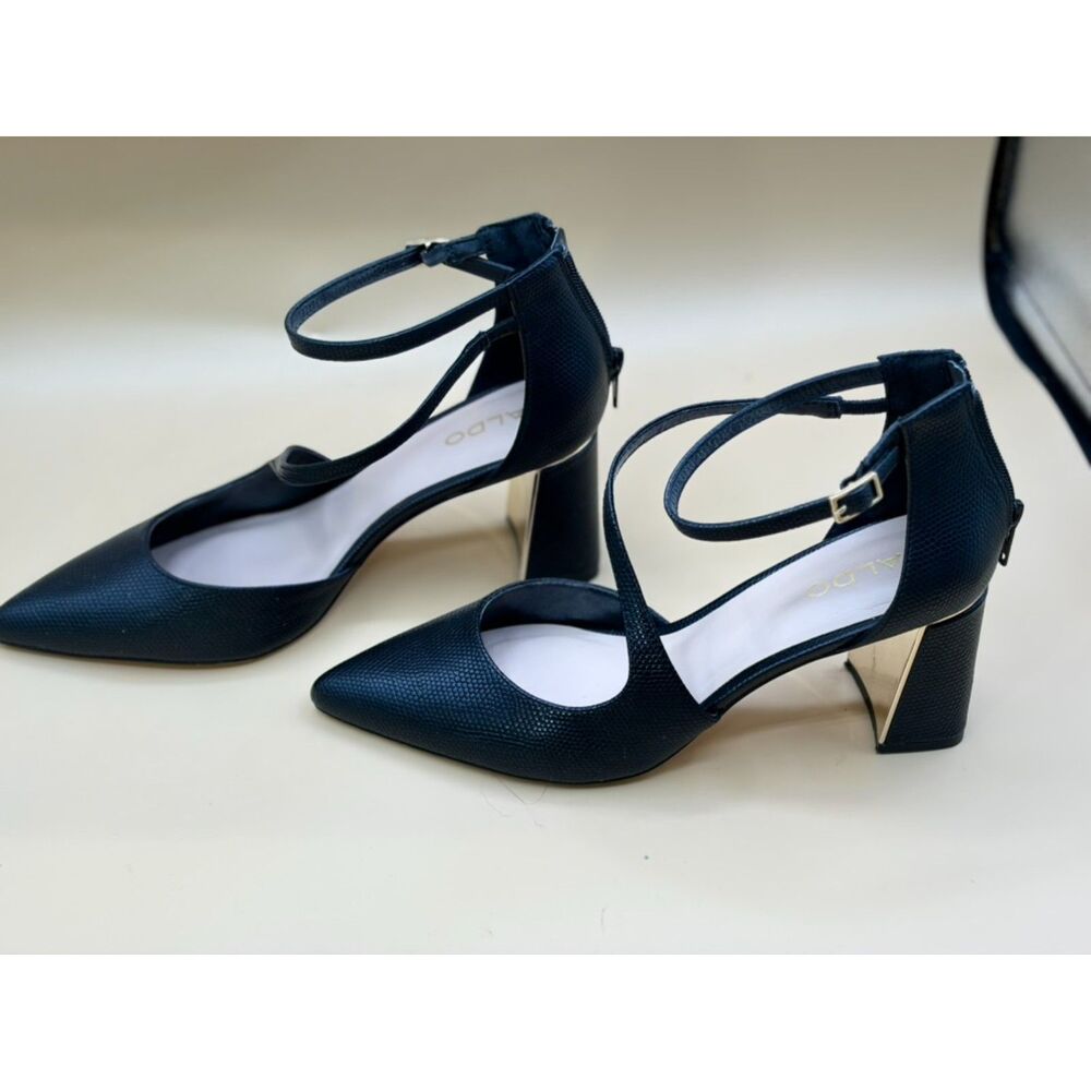 Aldo Milley Black ankle strap 3" heel pumps shoes gold trim size 7.5 excellent!!